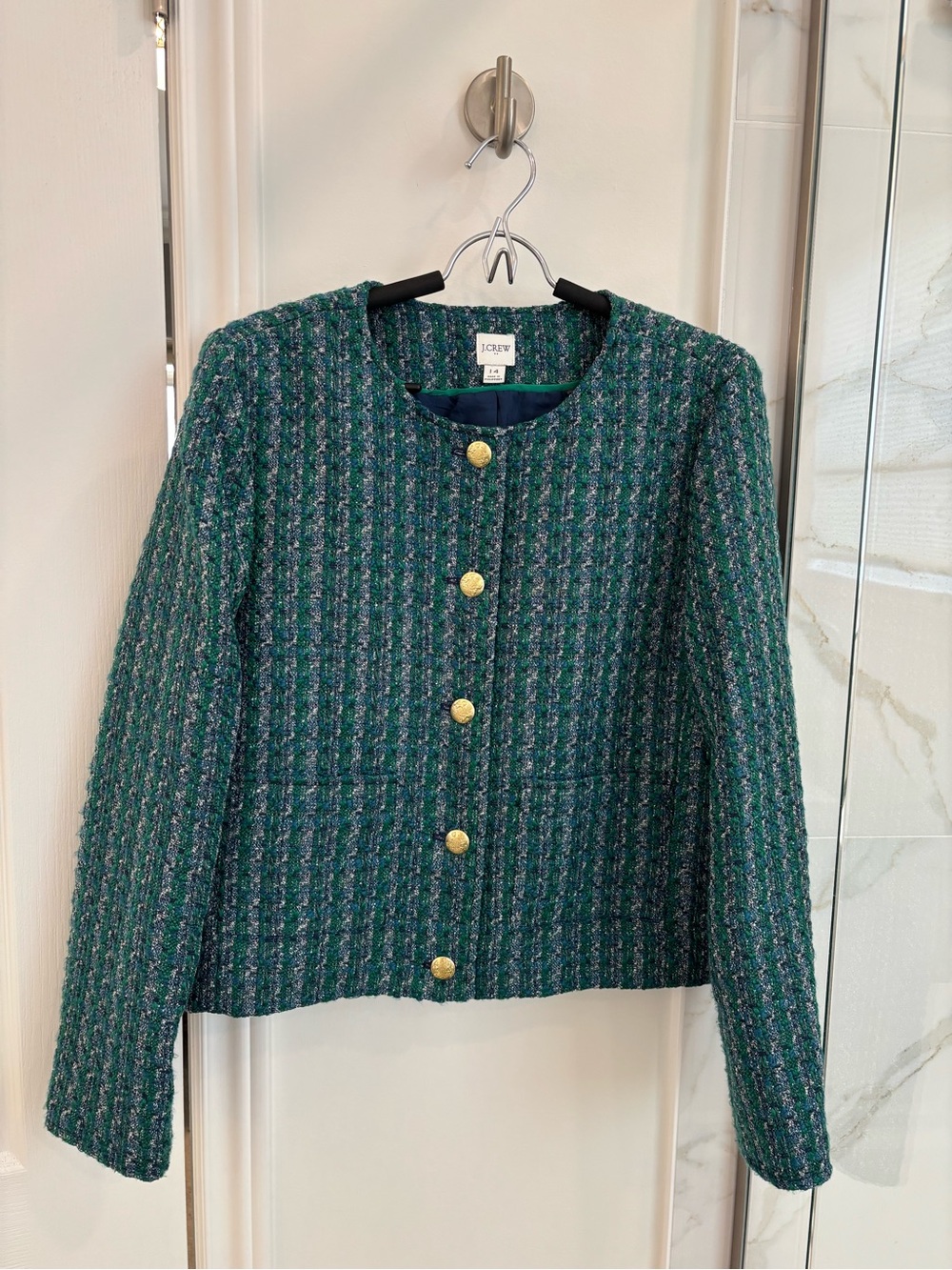 J. Crew Green and Navy Tweed Suit -  Collarless Jacket and skirt NWOT